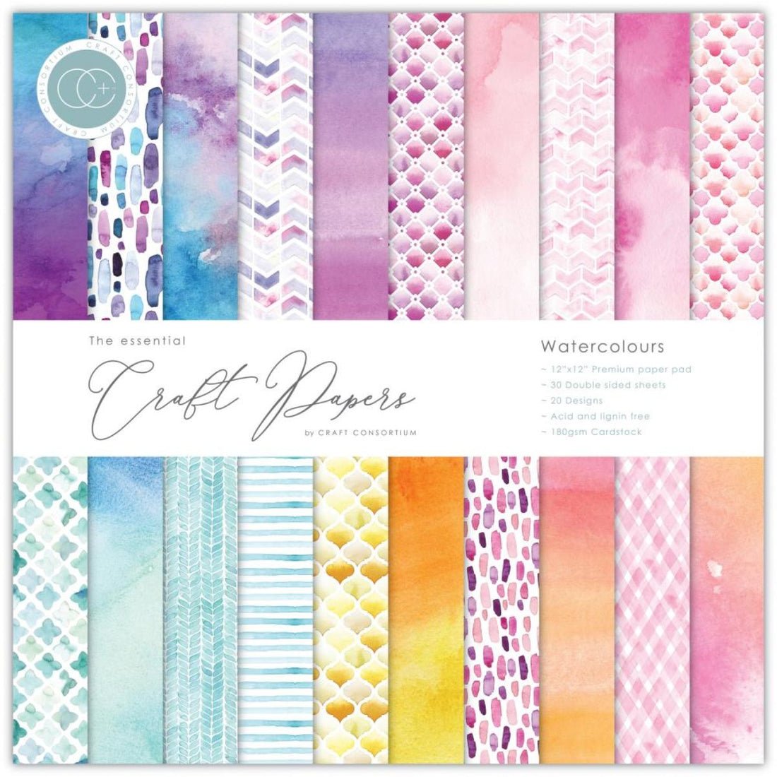 Watercolours Paper Pack / Block Papel Doble Cara Acuarelas 12&quot; Papel Craft Consortium