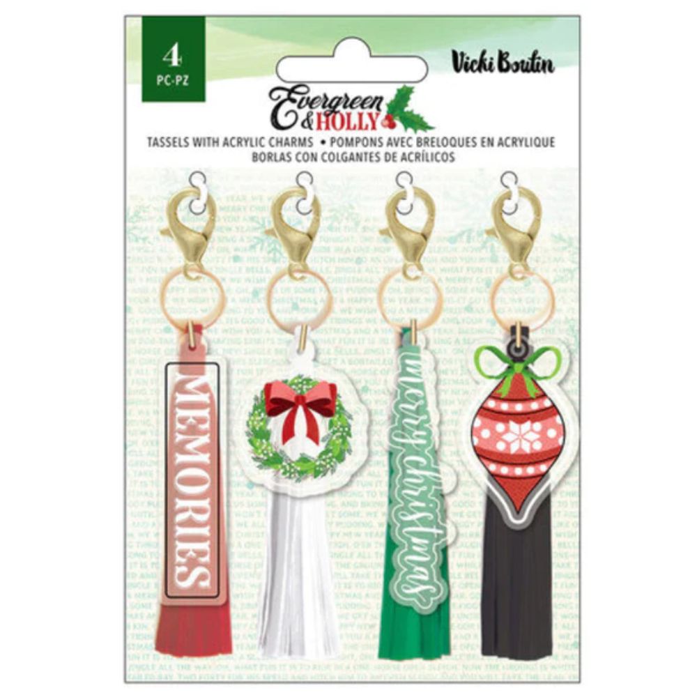 Evergreen &amp; Holly Tassels / 4 Borlas con Charms Adornos / Embellishments American Crafts