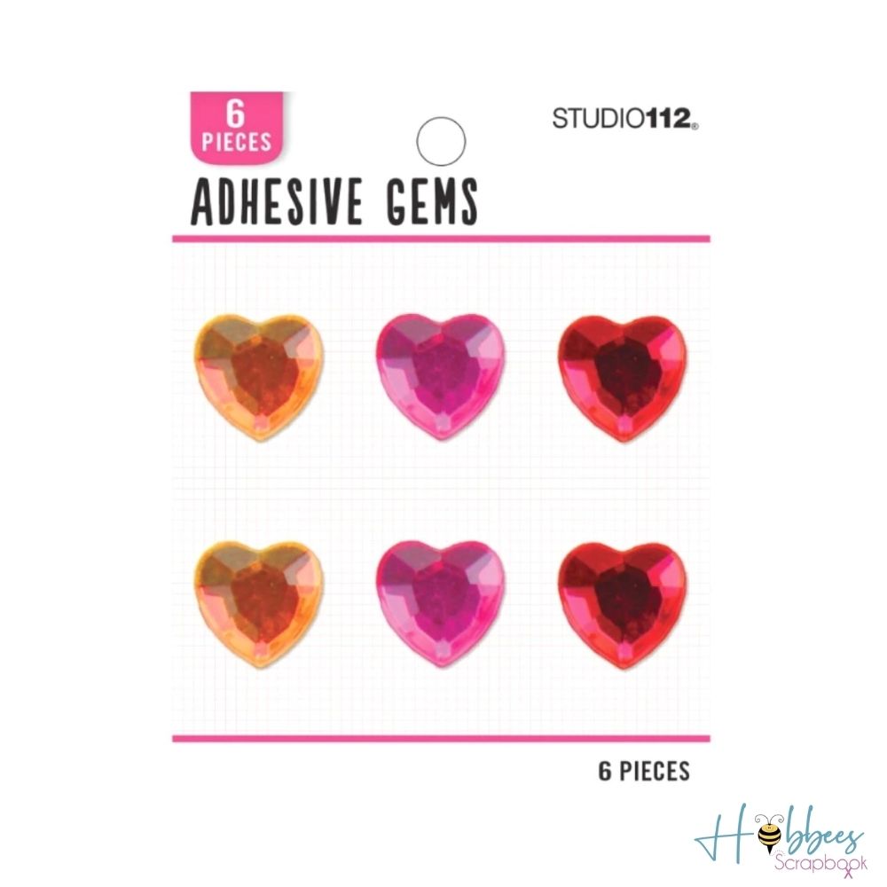 Warm Heart Gems / 6 Gemas Adhesivas de Corazón Grandes Adornos / Embellishments Studio 112